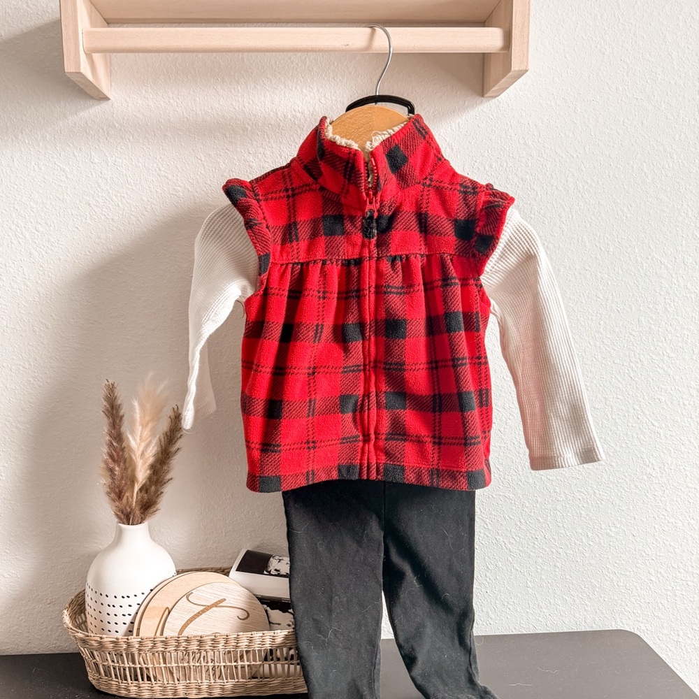 Plaid Red and Black Vest with White Top and Black Pants